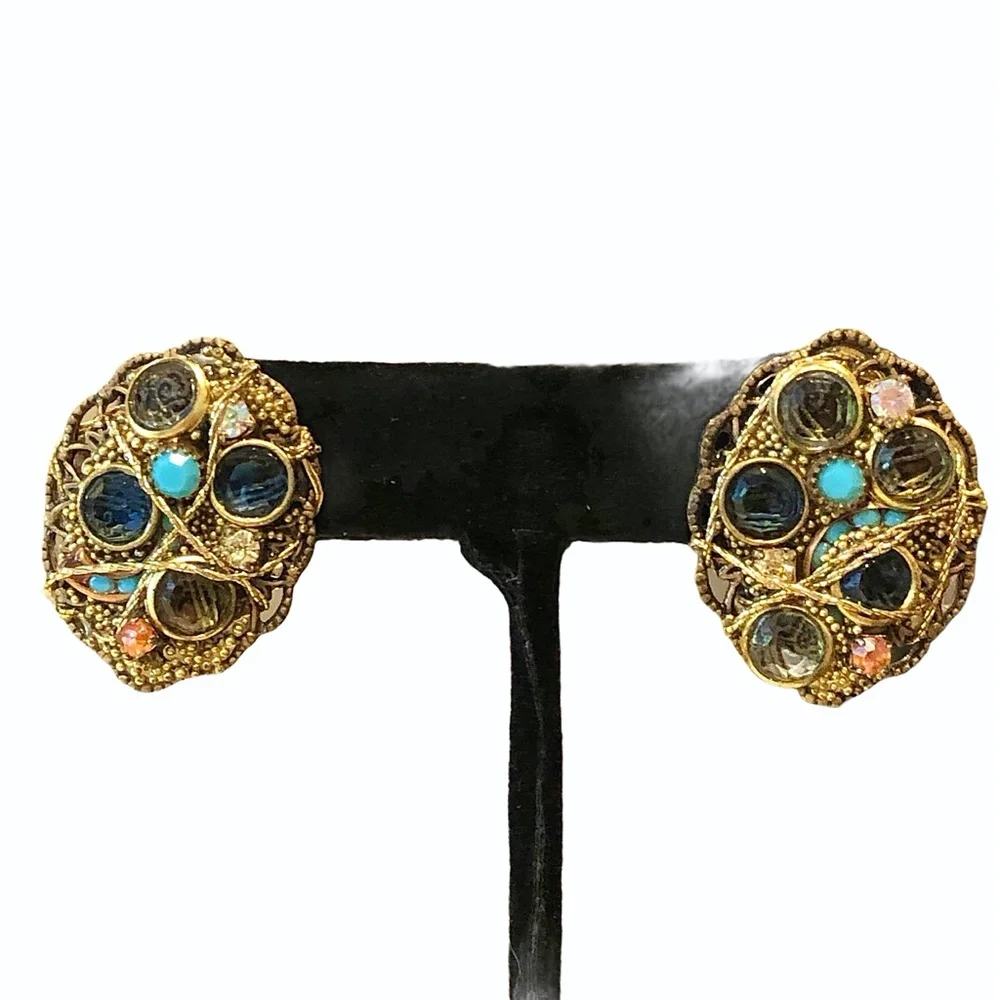 VINTAGE BLUE & TURQUOISE CRYSTAL & MIXED MEDIA ARTISTIC EARRINGS